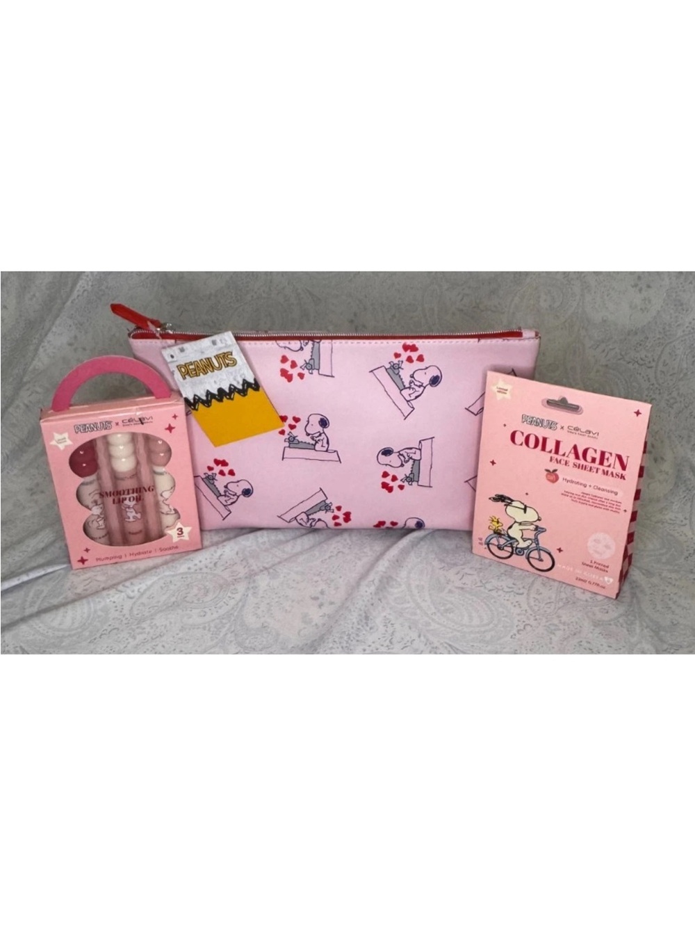 Peanuts Snoopy Hearts Floating Large Cosmetic Bag, Collagen Face Masks, Lip Oils